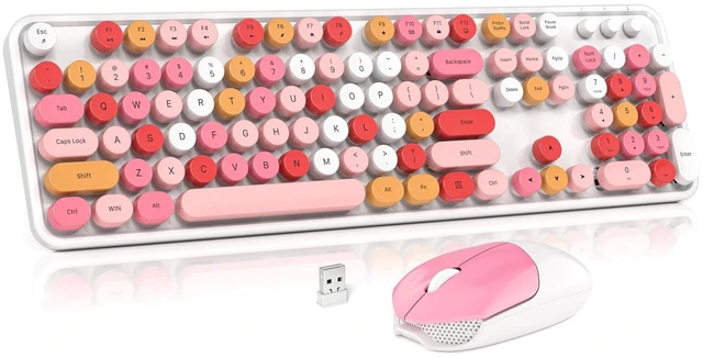 Main image of Wireless Keyboard and Mouse Combo, MOWUX Full Size Typewriter Retro Round Computer Keyboard, Mouse Wireless, Plug and Play, for Laptop, PC, Computer- White Colorful