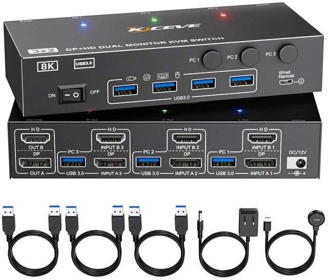 Main image of KVM Switch 2 Monitors 3 Computers HDMI + DisplayPort, KCEVE USB 3.0 DP KVM Switcher, 8K@30Hz/4k@144Hz Dual Monitor DP KVM for 3 PC Share 2 Display and 4 USB 3.0 Devices