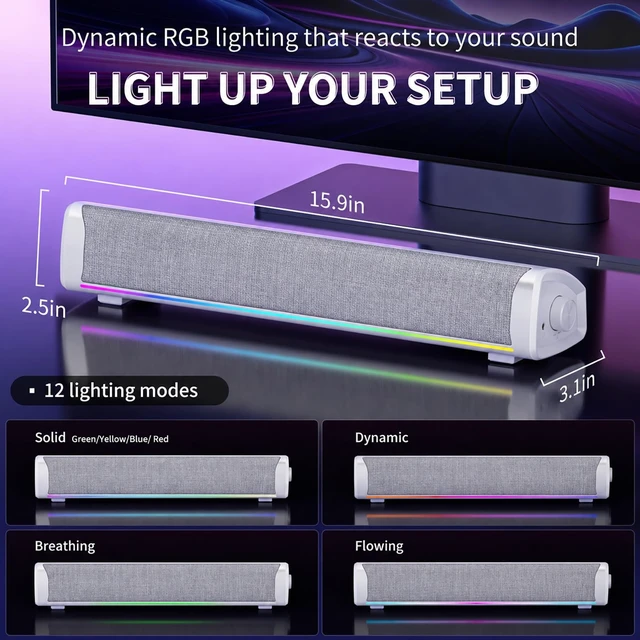 Alt view image 4 of 5 - HEGMUXCO Computer Speakers for Desktop PC, 4-DriverGaming Soundbar with 12 RGB Light Mode, USB/USB-CPowered PC Speakers with Mic&Headphone Jack forMonitor, Laptop, Plug and Play Sound bar, White