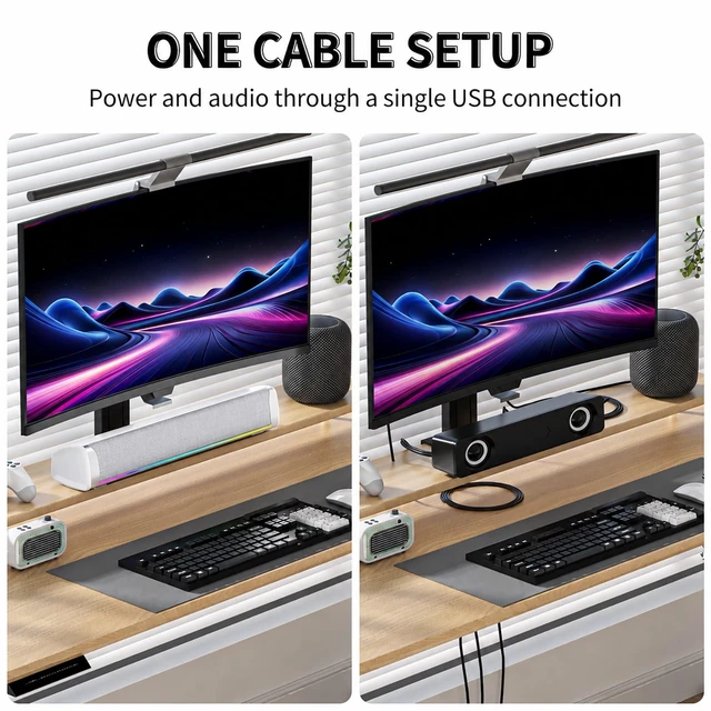 Alt view image 5 of 5 - HEGMUXCO Computer Speakers for Desktop PC, 4-DriverGaming Soundbar with 12 RGB Light Mode, USB/USB-CPowered PC Speakers with Mic&Headphone Jack forMonitor, Laptop, Plug and Play Sound bar, White