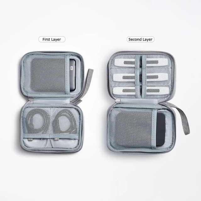 Alt view image 3 of 5 - External Hard Drive Carring Case, Dual-Layer Waterproof Shockproof Oxford Storage Bag for Travel & Office Organizing HDD/USB/Cables, Fits 2.5 Inch HDD, Grey