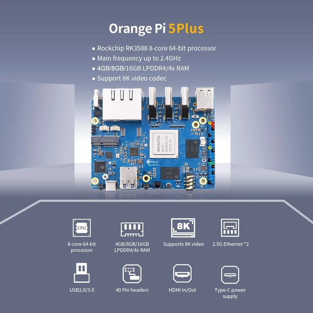 Alt view image 3 of 5 - Orange Pi 5 Plus 4GB/8GB/16GB LPDDR4/4x Rockchip RK3588 8-Core 64-Bit Single Board Computer with eMMC Socket, Development Board Run Orange Pi/Linux/Ubuntu/Debian/Android OS (16GB)
