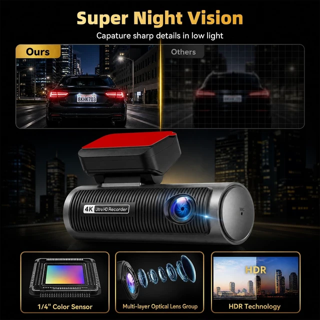 Alt view image 3 of 5 - 4K Dash Cam Front and Rear WiFi & App Control, Free 64GB Card, Night Vision