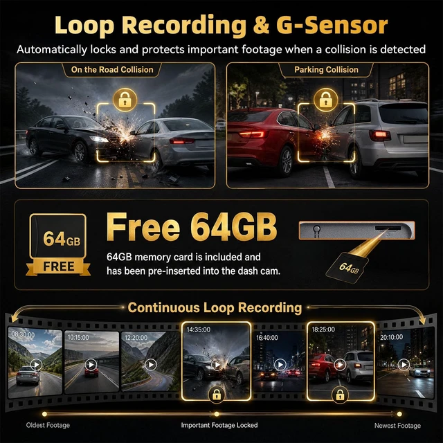 Alt view image 5 of 5 - 4K Dash Cam Front and Rear WiFi & App Control, Free 64GB Card, Night Vision