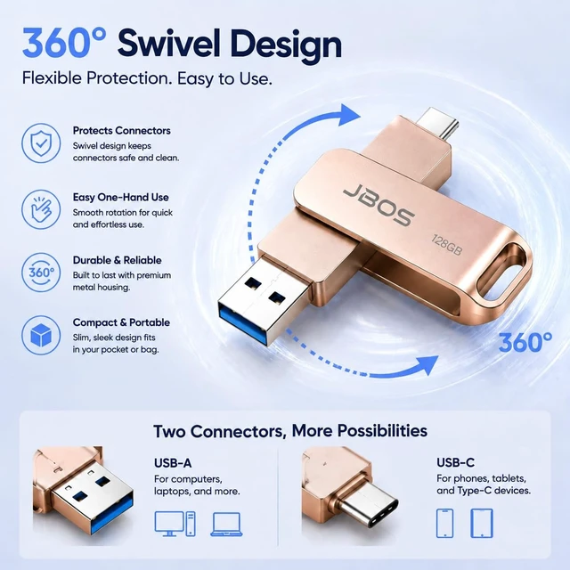Alt view image 5 of 5 - JBOS 128GB USB C Flash Drive, 2-in-1 USB 3.0 OTG Thumb Drive, Rose Gold