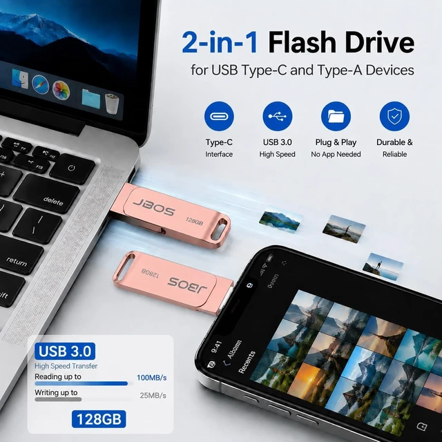 Alt view image 3 of 5 - JBOS 128GB USB C Flash Drive, 2-in-1 USB 3.0 OTG Thumb Drive, Rose Gold