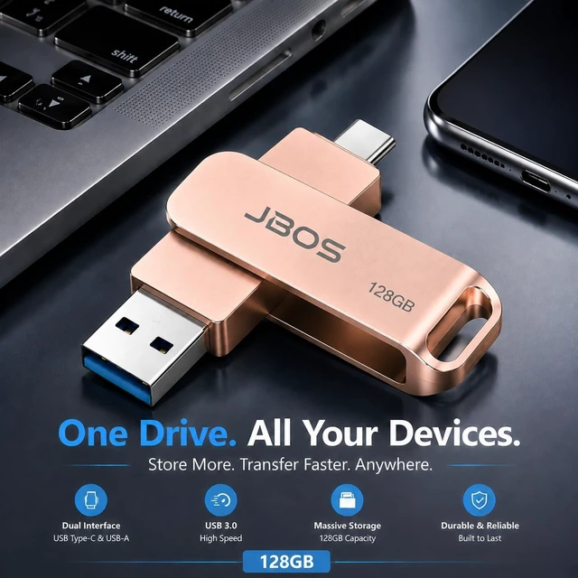 Alt view image 2 of 5 - JBOS 128GB USB C Flash Drive, 2-in-1 USB 3.0 OTG Thumb Drive, Rose Gold