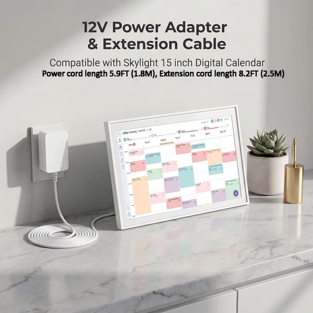 Alt view image 2 of 5 - 12V Longer Power Cord for Skylight Calendar Compatible with Skylight Calendar 15-inch Wall Planner Digital Calendar & Chore Chart Power Supply Cord