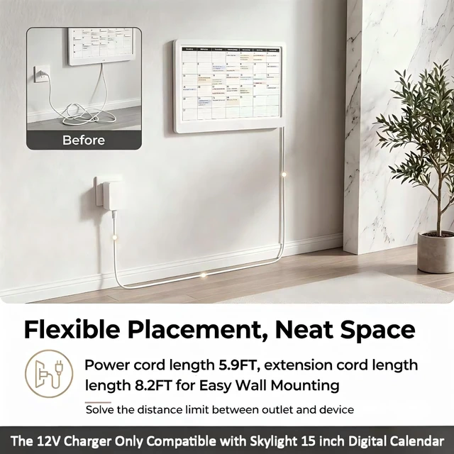 Alt view image 3 of 5 - 12V Longer Power Cord for Skylight Calendar Compatible with Skylight Calendar 15-inch Wall Planner Digital Calendar & Chore Chart Power Supply Cord