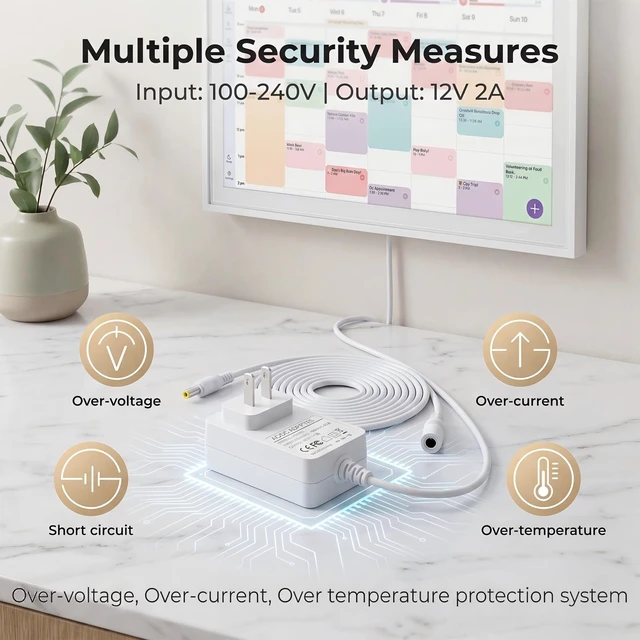 Alt view image 4 of 5 - 12V Longer Power Cord for Skylight Calendar Compatible with Skylight Calendar 15-inch Wall Planner Digital Calendar & Chore Chart Power Supply Cord