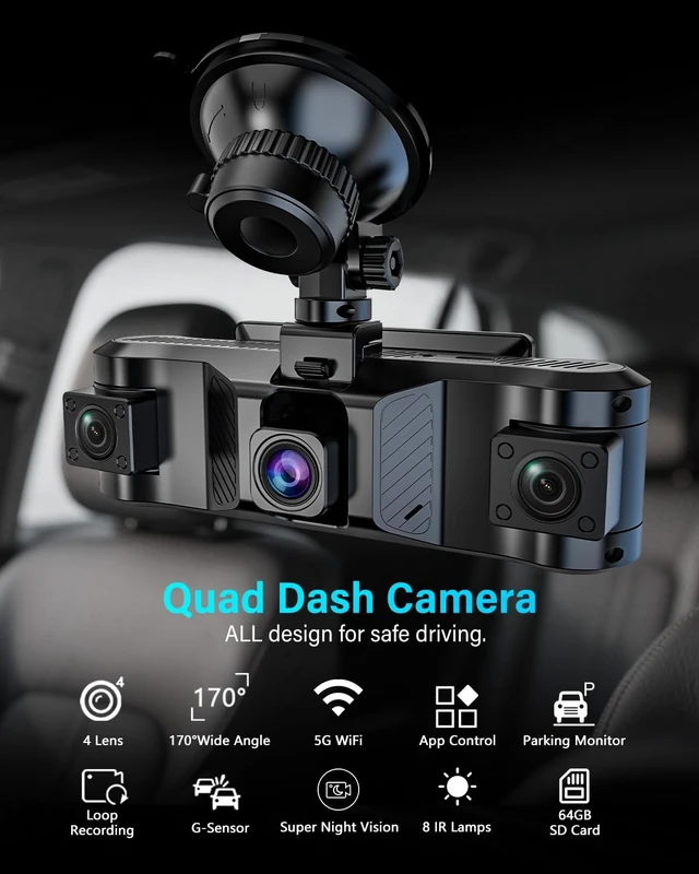 Alt view image 2 of 5 - QXTAMO 4 Channel Dash Cam Front and Rear Inside Left Right, 360 Degree View Dash Camera for Cars, 1080P Dashcam, 5G WiFi Car Camera with Night Vision, 24/7 Parking Monitor, G-Sensor, Free 64GB Card