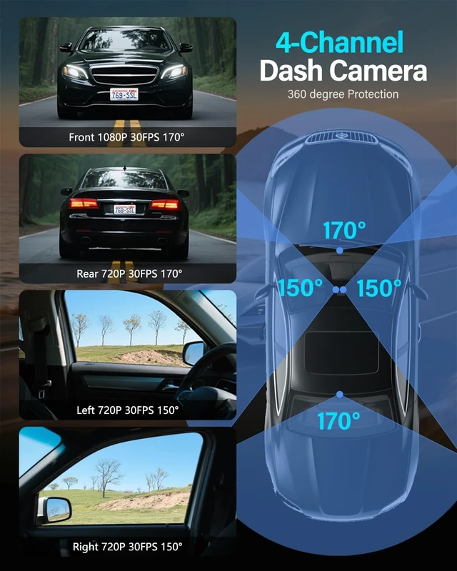 Alt view image 3 of 5 - QXTAMO 4 Channel Dash Cam Front and Rear Inside Left Right, 360 Degree View Dash Camera for Cars, 1080P Dashcam, 5G WiFi Car Camera with Night Vision, 24/7 Parking Monitor, G-Sensor, Free 64GB Card