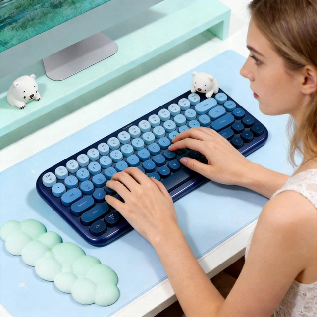 Alt view image 5 of 5 - TzBBL Mini Bluetooth Keyboard, Mini Wireless Keyboard with Cute Animal Figurine, 84 Keys Compact Round Keycaps, Gradient Color Design, for Tablet/iPad/iOS/Android/Windows (Water Blue)