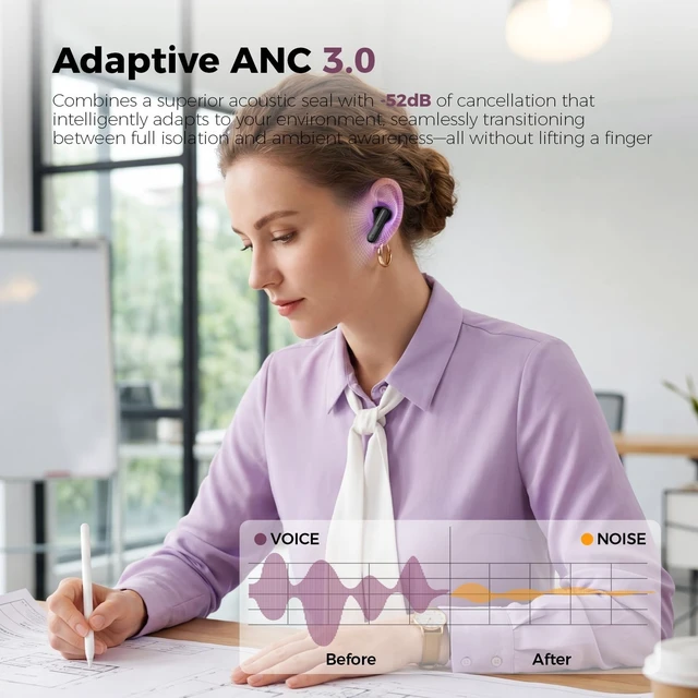 Alt view image 2 of 5 - havit Space T1 Wireless Earbuds, Adaptive Hybrid Active Noise Cancelling Bluetooth Earbuds, 6-Mic AI ENC, Head-Tracked Spatial Audio, 40.5H Playtime, Semi-in-Ear Fit, Bluetooth 6.0, IP54, Black