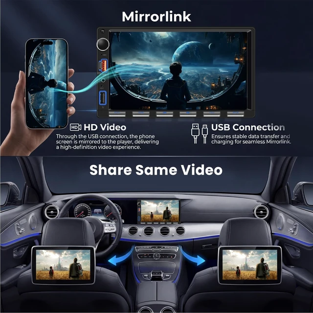 Alt view image 2 of 5 - Hodozzy Double Din Car Stereo with 7-Inch Touch Screen, Wired Mirror Link & Screen Sharing, Bluetooth, FM Radio, USB/Type-C Fast Charge, Backup Camera, Steering Wheel Control & Color Buttons