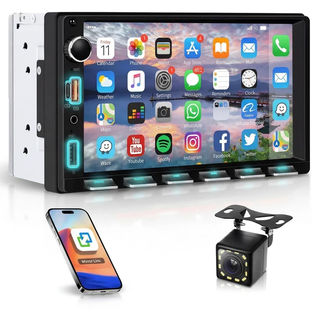 Main image of Hodozzy Double Din Car Stereo with 7-Inch Touch Screen, Wired Mirror Link & Screen Sharing, Bluetooth, FM Radio, USB/Type-C Fast Charge, Backup Camera, Steering Wheel Control & Color Buttons