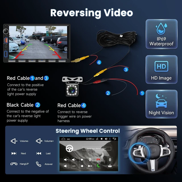 Alt view image 5 of 5 - Hodozzy Double Din Car Stereo with 7-Inch Touch Screen, Wired Mirror Link & Screen Sharing, Bluetooth, FM Radio, USB/Type-C Fast Charge, Backup Camera, Steering Wheel Control & Color Buttons