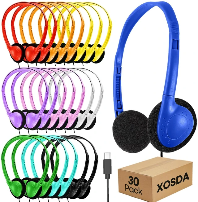Main image of XOSDA Type C Headphones Bulk 30 Pack for Classroom School Kids, USB C Wired Headphones for Boys Girls Adults Students Tablet Smartphones(LS857C,30 Mixed)