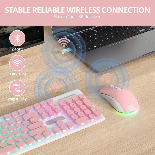 Alt view image 2 of 5 - Fogruaden Rechargeable Wireless Keyboard and Mouse, Backlit Cute Keyboard and Mouse Combo with Retro Round Keycap, 2.4G Connectivity for Windows PC, Laptop, Desktops, Computer(Pink)