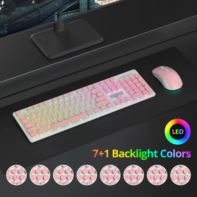 Alt view image 3 of 5 - Fogruaden Rechargeable Wireless Keyboard and Mouse, Backlit Cute Keyboard and Mouse Combo with Retro Round Keycap, 2.4G Connectivity for Windows PC, Laptop, Desktops, Computer(Pink)