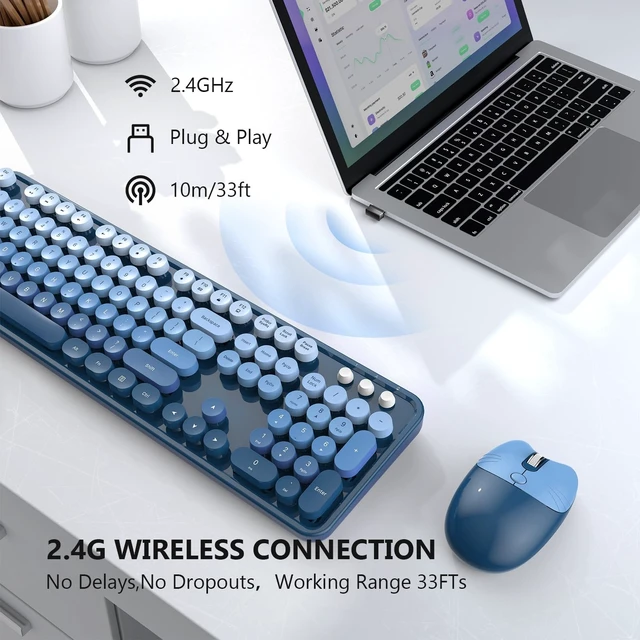 Alt view image 2 of 5 - MOFII Wireless Keyboard and Mouse Combo, 2.4 GHz Full-Size Retro Round Keyboard and Mouse, Plug and Play, 8 Multimedia & Shortcut Keys for Mac, Windows, Laptop/Desktop/PC - Blue Gradient