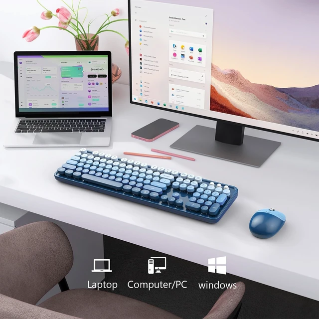 Alt view image 3 of 5 - MOFII Wireless Keyboard and Mouse Combo, 2.4 GHz Full-Size Retro Round Keyboard and Mouse, Plug and Play, 8 Multimedia & Shortcut Keys for Mac, Windows, Laptop/Desktop/PC - Blue Gradient