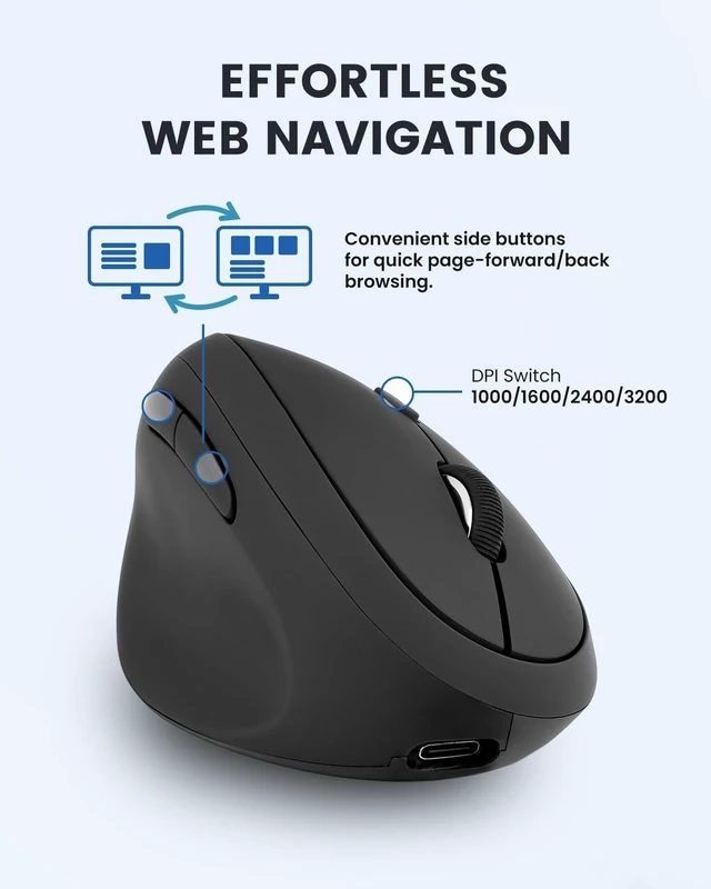Alt view image 5 of 5 - Perixx Perimice-719LR, Left Handed Wireless Vertical Mouse - Duo Wired and Wireless Charging Feature - Designed for Smaller Hands