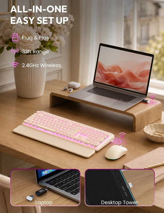 Alt view image 4 of 5 - Wireless Keyboard and Mouse, Backlit Typewriter with Magnetic Wrist Rest