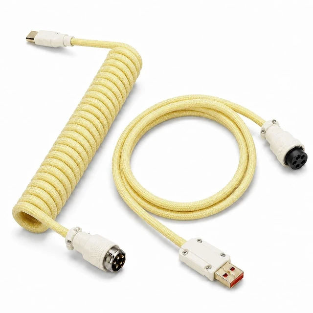 Main image of PJOFEN Coiled Keyboard Cable,Custom Aviator USB C Cable for Mechanical Gaming Keyboard,Double Braided Coiled Cord with Detachable Metal Connector,5-Pin Cable for 8K Magnetic Keyboard-Yellow