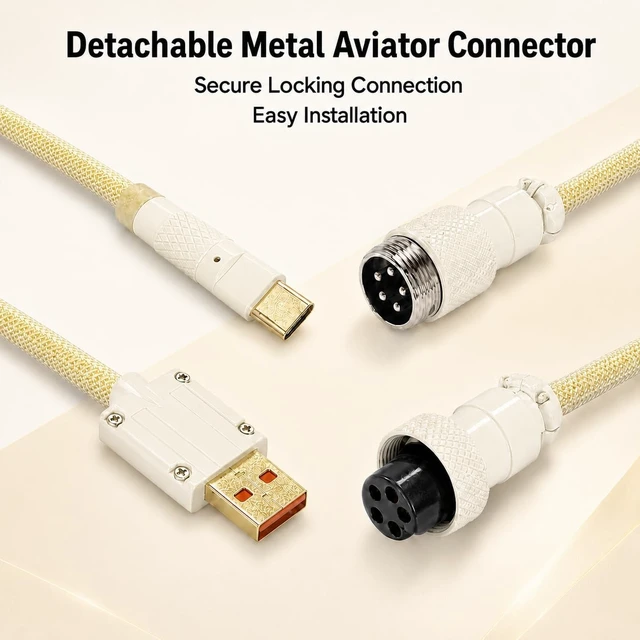 Alt view image 3 of 5 - PJOFEN Coiled Keyboard Cable,Custom Aviator USB C Cable for Mechanical Gaming Keyboard,Double Braided Coiled Cord with Detachable Metal Connector,5-Pin Cable for 8K Magnetic Keyboard-Yellow
