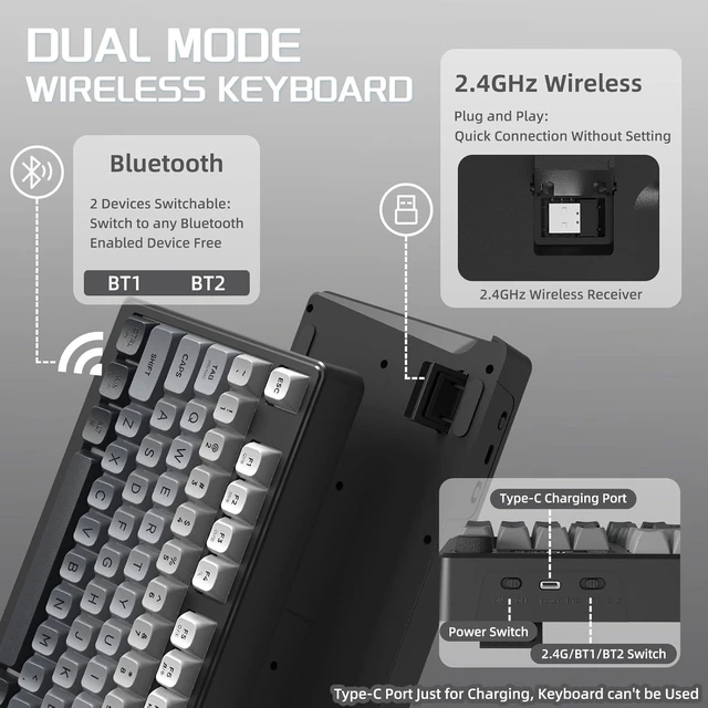 Alt view image 3 of 5 - FREEWOLF M96 Wireless Gaming Keyboard Creamy Membrane 94Key ANSI-Moonlight