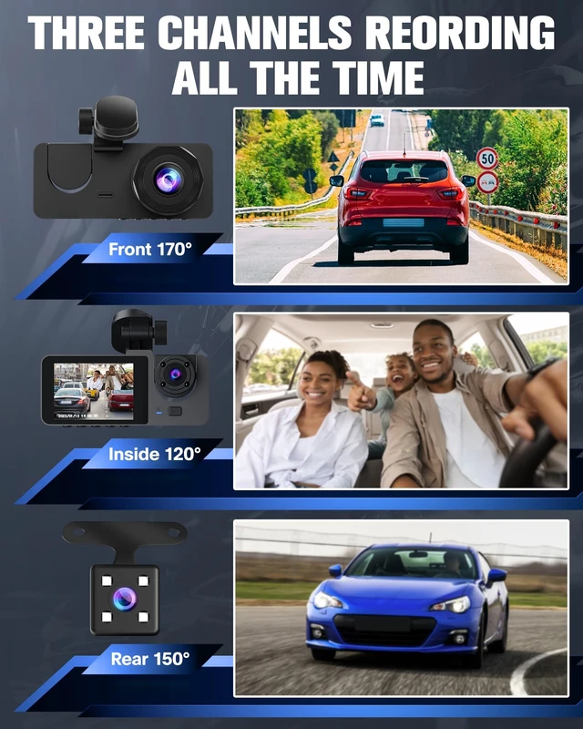 Alt view image 2 of 5 - 3 Channel Dash Cam,4K+1080P Dash Cam Front and Rear Inside, Dash Camera for Cars, Triple Car Camera with 32GB Card,Built-in G-Sensor, 2 IPS Display Car Camera,Loop Recording,24Hr Parking