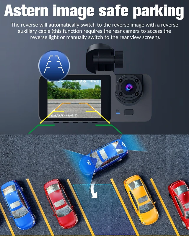 Alt view image 5 of 5 - 3 Channel Dash Cam,4K+1080P Dash Cam Front and Rear Inside, Dash Camera for Cars, Triple Car Camera with 32GB Card,Built-in G-Sensor, 2 IPS Display Car Camera,Loop Recording,24Hr Parking