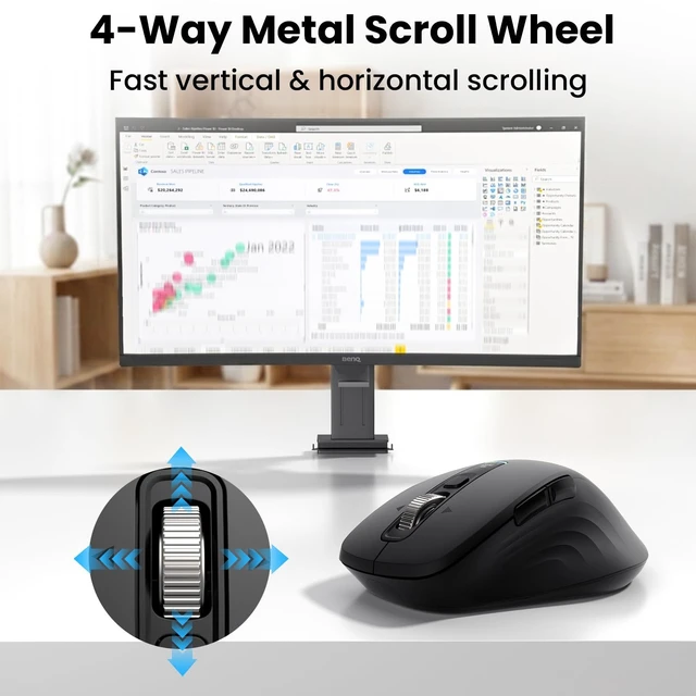 Alt view image 2 of 5 - Wireless Bluetooth Mouse, Multi-Device Ergonomic Mouse with 5 Programmable Buttons, 4-Way Metal Scroll Wheel,4800 DPI Adjustable, 18-Month Battery Life, Silent Click, for Laptop, PC, Mac - Blac