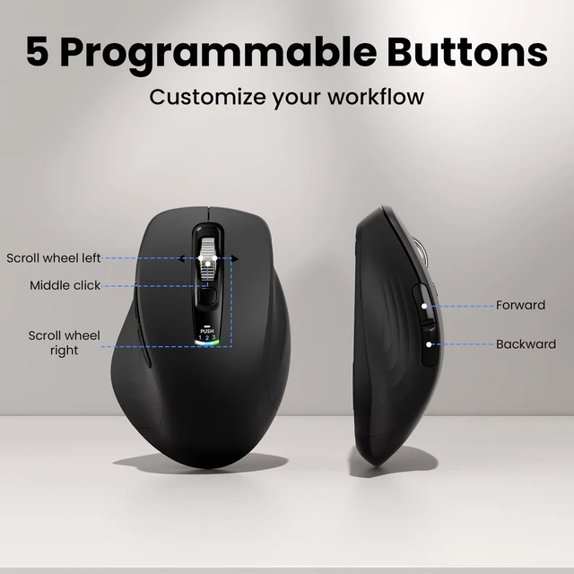 Alt view image 4 of 5 - Wireless Bluetooth Mouse, Multi-Device Ergonomic Mouse with 5 Programmable Buttons, 4-Way Metal Scroll Wheel,4800 DPI Adjustable, 18-Month Battery Life, Silent Click, for Laptop, PC, Mac - Blac