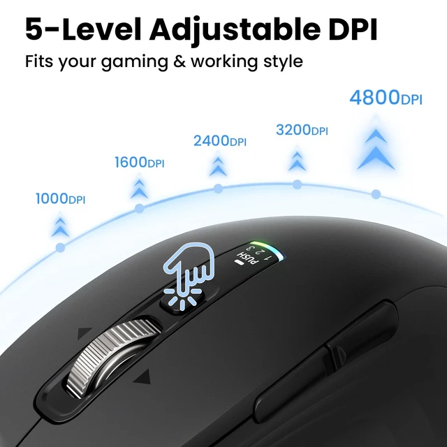 Alt view image 5 of 5 - Wireless Bluetooth Mouse, Multi-Device Ergonomic Mouse with 5 Programmable Buttons, 4-Way Metal Scroll Wheel,4800 DPI Adjustable, 18-Month Battery Life, Silent Click, for Laptop, PC, Mac - Blac