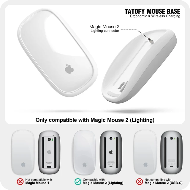 Alt view image 2 of 5 - TATOFY Mouse Charger Compatible with Magic Mouse 2 (Lighting) Grip with Wireless Charging Support, Ergonomic Base (White)
