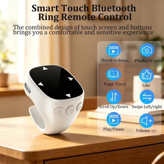 Alt view image 2 of 5 - Wireless Bluetooth Air Finger Ring Mouse, Rechargeable TikTok Scrolling Ring with Touchscreen, Page Turner for E-Book Remote Control Short Video Camera Shutter, for Phone Tablet Android iOS(Whi