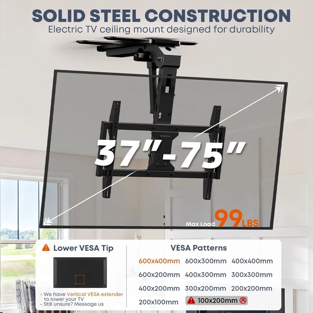 Alt view image 2 of 5 - Motorized Ceiling TV Mount Flip Down with Remote for 37-75 TVs, Black