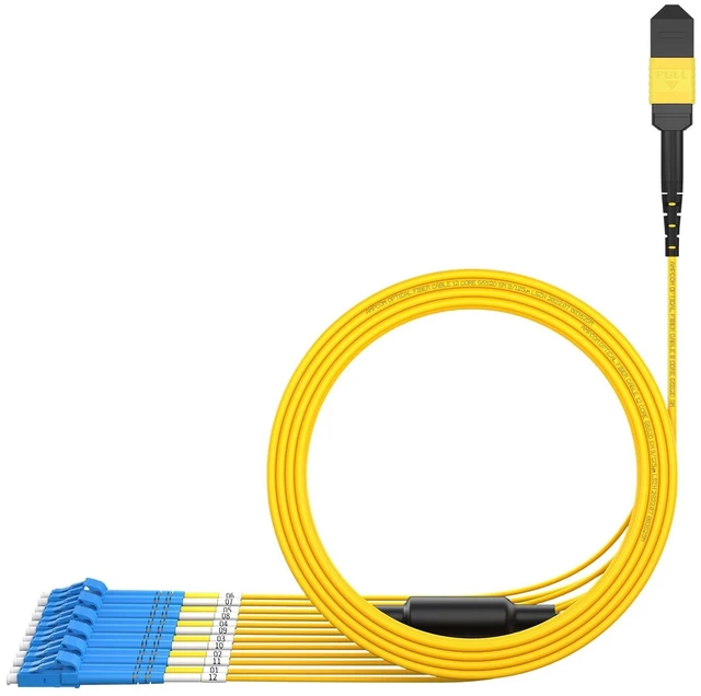 Main image of AMPCOM MPO to LC Breakout Cable 9/125m Singlemode OS1/OS2(12 Fiber, MPO to LC, Type B, LSZH/Riser, UPC, Yellow) 15m (49ft)