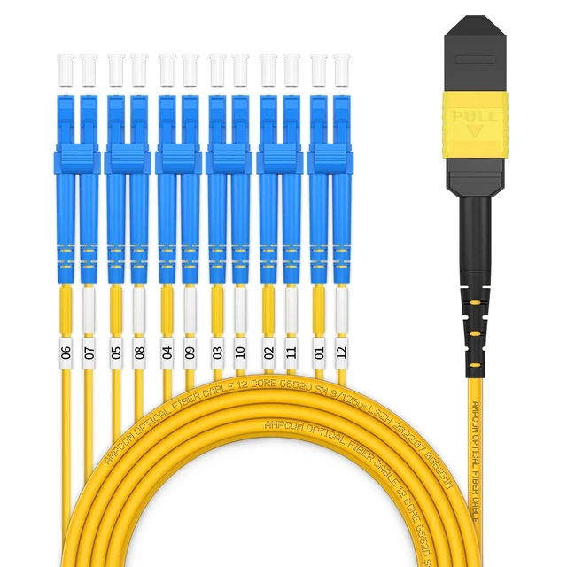 Alt view image 2 of 5 - AMPCOM MPO to LC Breakout Cable 9/125m Singlemode OS1/OS2(12 Fiber, MPO to LC, Type B, LSZH/Riser, UPC, Yellow) 15m (49ft)
