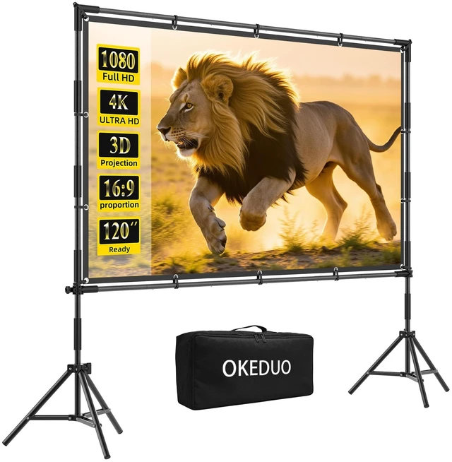 Main image of 120-in Projector Screen with Stand, Outdoor Indoor Portable Movie Screen 16:9 Detachable Wall-Mount & Bracket Dual Use Wrinkle-Free Washable Front & Rear Projection Screen for Backyard Watch Gym Game