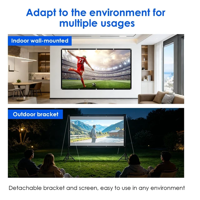 Alt view image 2 of 5 - 120-in Projector Screen with Stand, Outdoor Indoor Portable Movie Screen 16:9 Detachable Wall-Mount & Bracket Dual Use Wrinkle-Free Washable Front & Rear Projection Screen for Backyard Watch Gym Game