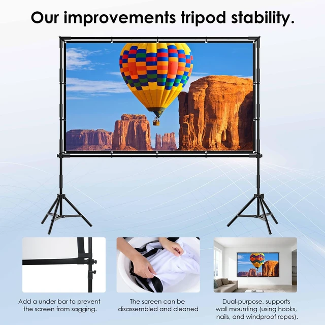 Alt view image 3 of 5 - 120-in Projector Screen with Stand, Outdoor Indoor Portable Movie Screen 16:9 Detachable Wall-Mount & Bracket Dual Use Wrinkle-Free Washable Front & Rear Projection Screen for Backyard Watch Gym Game
