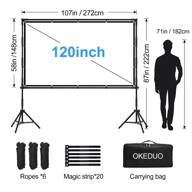 Alt view image 5 of 5 - 120-in Projector Screen with Stand, Outdoor Indoor Portable Movie Screen 16:9 Detachable Wall-Mount & Bracket Dual Use Wrinkle-Free Washable Front & Rear Projection Screen for Backyard Watch Gym Game