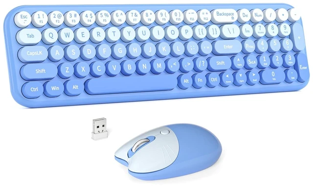Main image of Wireless Keyboard and Mouse Combo, MOWUX Compact Typewriter Retro Round Computer Keyboard, Cute Optical Mouse Wireless, Plug and Play, for Laptop, PC, Computer- Blue Gradient