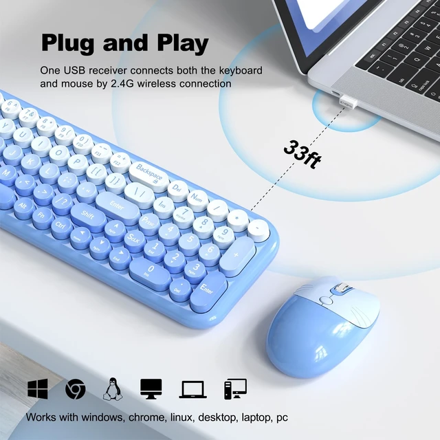 Alt view image 2 of 5 - Wireless Keyboard and Mouse Combo, MOWUX Compact Typewriter Retro Round Computer Keyboard, Cute Optical Mouse Wireless, Plug and Play, for Laptop, PC, Computer- Blue Gradient