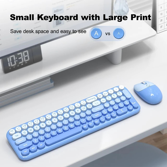 Alt view image 3 of 5 - Wireless Keyboard and Mouse Combo, MOWUX Compact Typewriter Retro Round Computer Keyboard, Cute Optical Mouse Wireless, Plug and Play, for Laptop, PC, Computer- Blue Gradient