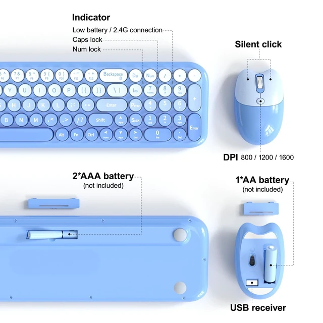 Alt view image 4 of 5 - Wireless Keyboard and Mouse Combo, MOWUX Compact Typewriter Retro Round Computer Keyboard, Cute Optical Mouse Wireless, Plug and Play, for Laptop, PC, Computer- Blue Gradient