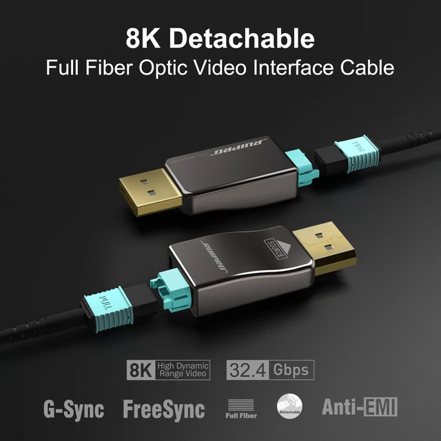 Alt view image 2 of 5 - RUIPRO 8K DisplayPort 1.4 Full Fiber Optic Armored Cable, Detachable, 3ft